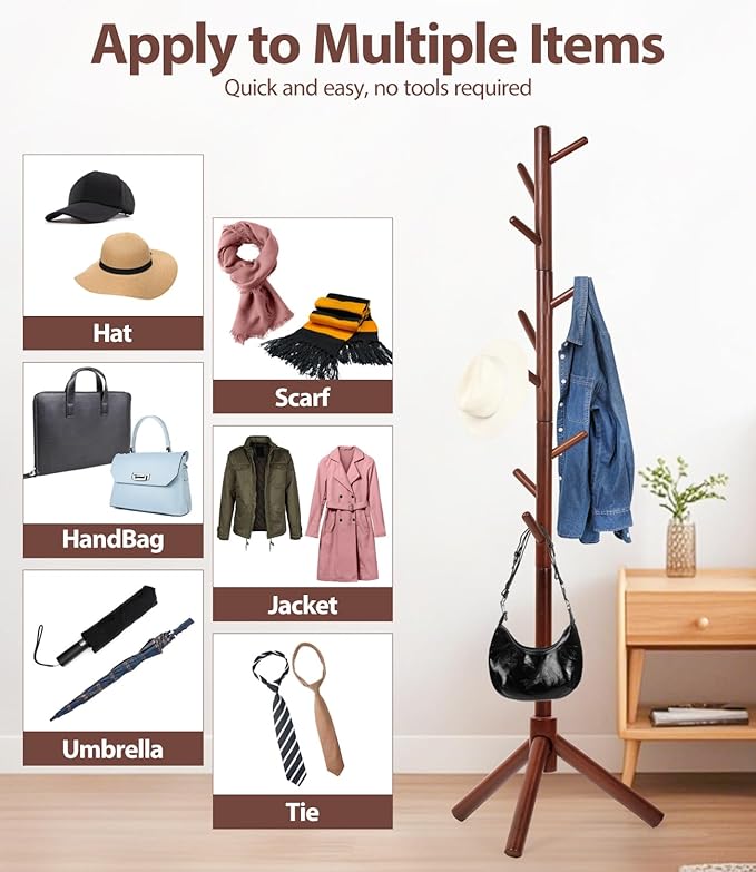 Beech Wood Coat Rack Stand with 9 Hooks, 3 Height Adjustable, simple Freestanding Solid Wooden Coat Tree Hanger for Clothes, Hats, Scarves, bags, Jackets, Bedroom, livingromm, Office(Brown)-NeatNest