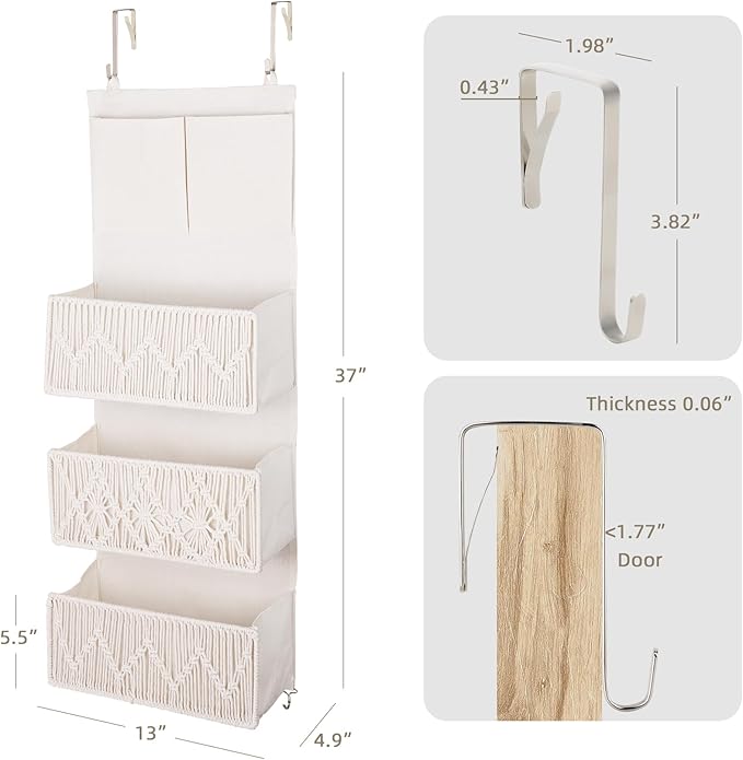 ANTIS'S HOME Over The Door Organizer Boho Bedroom Decor Nursery Storage with 3 Large Woven Pockets, Macrame Nursery Organizers and Toys Storage, Behind Door for Bathroom, Beige Back of Door Organizer-NeatNest