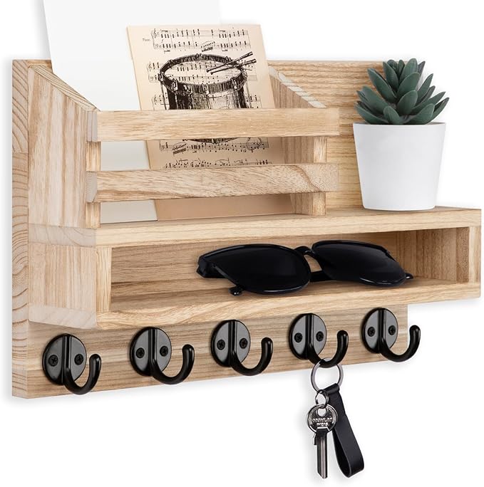 Key and Mail Holder Wall Mount, Key Hanger with Long Storage Box and 5 Hooks for Coat, Dog Leash, Home Decor Rack, House Accessories, Entry Way Organizer 11.8”W x 7.8”H x 3.2”D