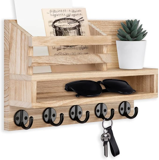 Key and Mail Holder Wall Mount, Key Hanger with Long Storage Box and 5 Hooks for Coat, Dog Leash, Home Decor Rack, House Accessories, Entry Way Organizer 11.8”W x 7.8”H x 3.2”D