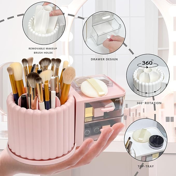 Makeup Organizer Countertop,360 Rotating Makeup Brush Holder with 2 Drawer Organizer, Small Preppy Kids Desk Organizer|9.25x5.11inch|White-NeatNest