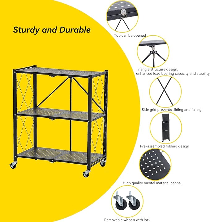 BRIAN & DANY 3-Shelf Foldable Storage Shelves with Wheels, No Assembly Folding Shelf Metal Rack, Shelving Unit for Kitchen, Garage, Black-NeatNest