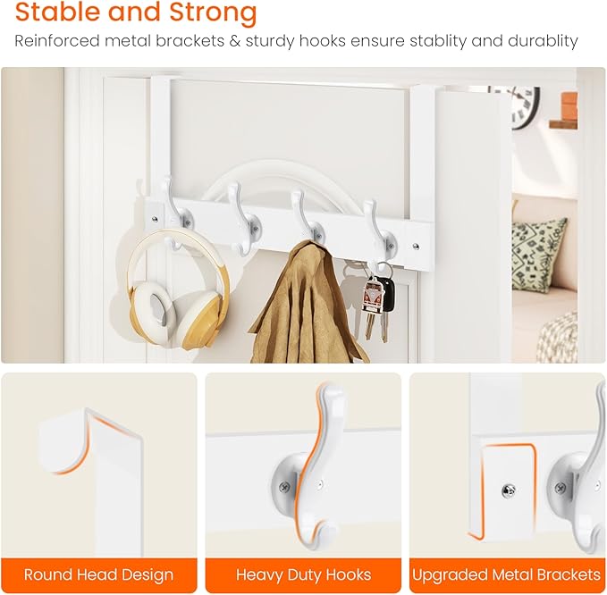 Homode Over The Door Hooks Heavy Duty, Wood Over Door Hanger Hook, Over Door Towel Rack with Coat Hooks for Hanging Towels Clothes Hats Bags, Back of Bathroom Door, White