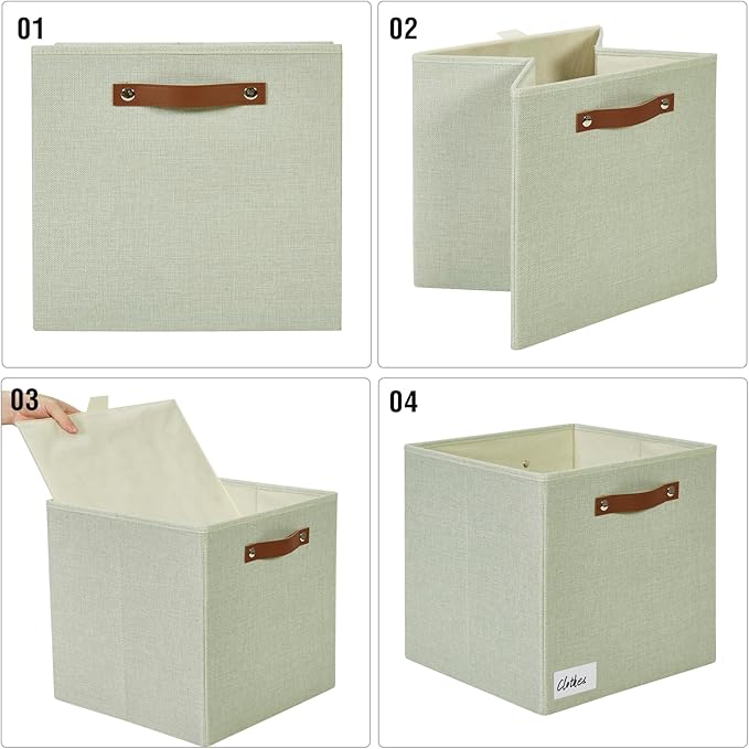 Collapsible Fabric Storage Cube Bins with 2 Reinforced PU Handles, Foldable Storage Organizer Baskets for Closet, Shelves, Living Room | 13"x13"x13", 4 Pack, Sage Green-NeatNest