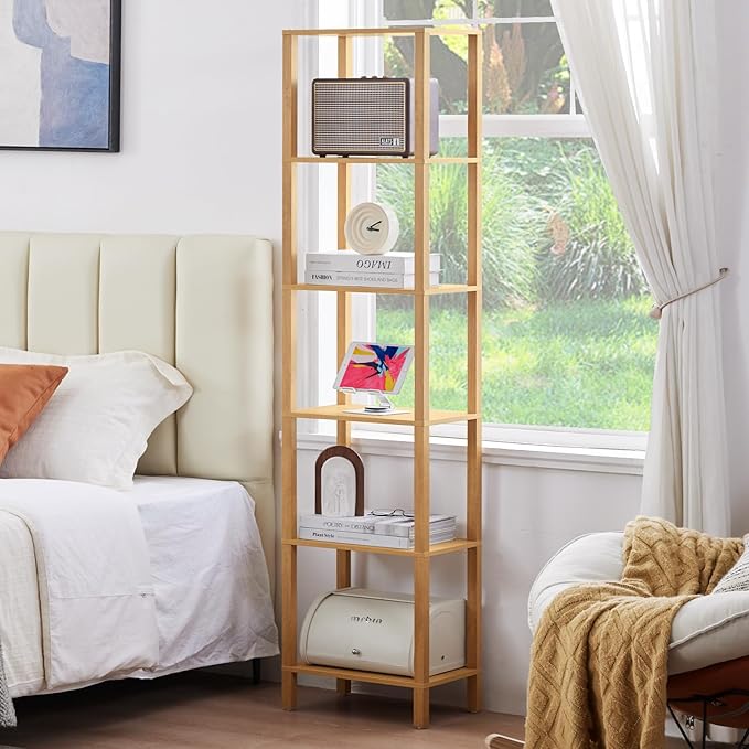 54in Tall Bookshelf 5-Tier Small Narrow Bookcase, Skinny Book Shelf for Small Space, Farmhouse Slim Shelf with Storage, Wood Freestanding Display Thin Bookshelves for Living Room, Natural