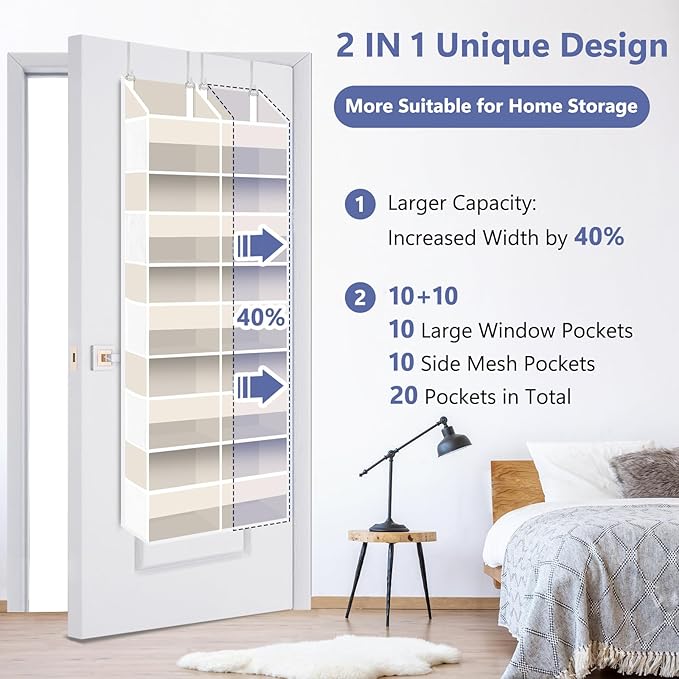 Heavy Duty Over The Door Organizer 5 Tier, Extra Large Behind Door Storage of 10 Compartments, 80 lb Weight Capacity, Hanging Hidden Doors Storage Organizer for Bathroom Closet Nursery Bedroom, Beige