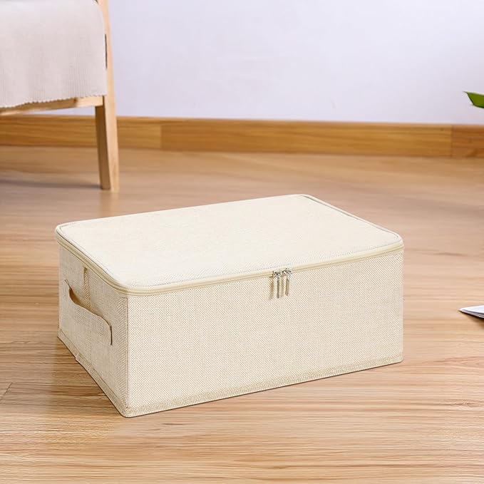ANMINY 3PCS Storage Bins with Zipper Lids 13 Qt Lidded Fabric Storage Boxes Baskets Cubes with Handles Collapsible Washable Cotton Linen Closet Shelf Clothes Organizer Containers - Beige, Small-NeatNest