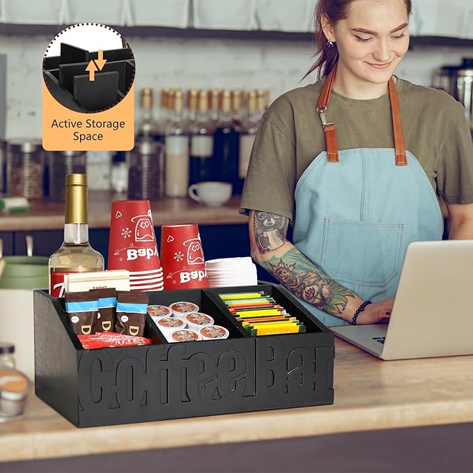 Coffee Bar Organizer for Accessories, Wood Station for Countertop, Farmhouse Pod Syrup Holder, Condiment Organizer for Decor (Black)-NeatNest