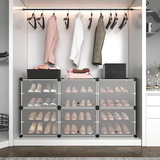 ROJASOP Portable Shoe Rack Organizer 6-Tier Shoe Cabinet 24-Pair shoe Storage Expandable Free Standing Stackable Space Shoe Rack with 2 exclusive Versatile Hooks for Bedroom Black-NeatNest