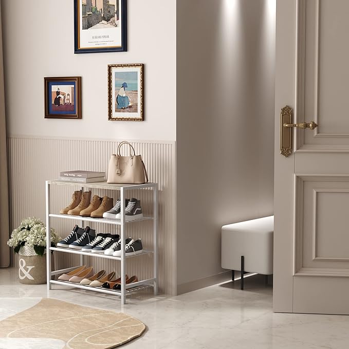HOMEFORT 4-Tier Shoe Rack, Modern Industrial Shoe Storage Tower, Narrow Shoe Organizer for Closet Entryway, Small Shoe Rack Table with Durable Metal Shelves and MDF Top, White Oak-NeatNest