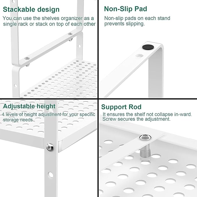iPEGTOP Expandable Cabinet Storage Shelf Organizer Rack, Heavy Duty Stackable Steel Metal Spice Rack Adjustable Height Pantry Garage Shelf for Counter Kitchen Organization, White - 2 Pack-NeatNest