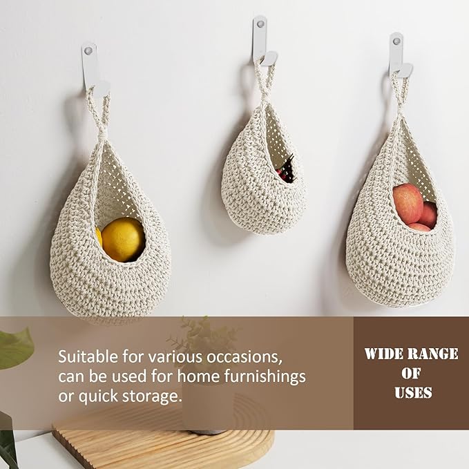 Hanging Fruit Basket Set of 3, Boho Wall Hanging Storage Basket for Organizing, Handmade Teardrop Hammock Holder for Fruit Vegetable in Home & Restaurant Kitchen with Hooks, White Cotton