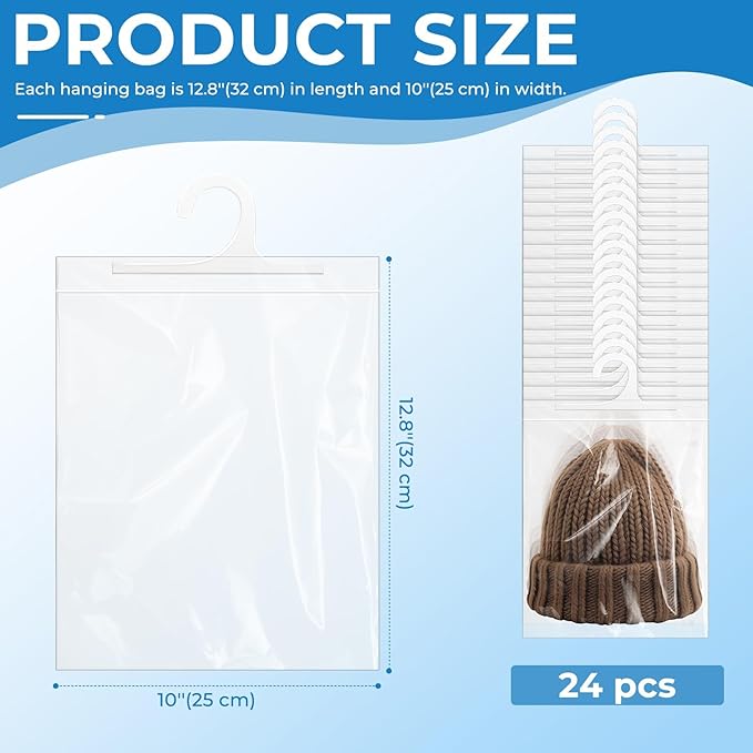 24 Pcs Hanging Storage Bags, Reusable Clear Hanging Bags, Hook Hanging Bags for Classroom, Library, Pharmacy, Armoire, Bathroom(10'' x 12.5'')-NeatNest