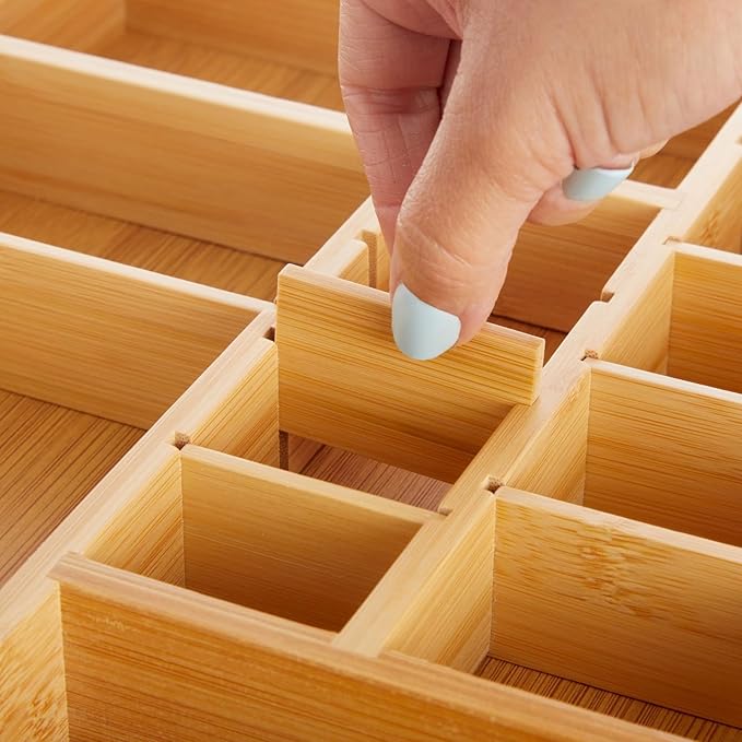 Juvale Drawer Organizer Tray - 14 x 10 x 2 In Brown Bamboo - 8 Adjustable Dividers for Custom Storage - Silverware & Utensil Organizer - Desk Drawer Divider - Versatile Wooden Divided Tray-NeatNest