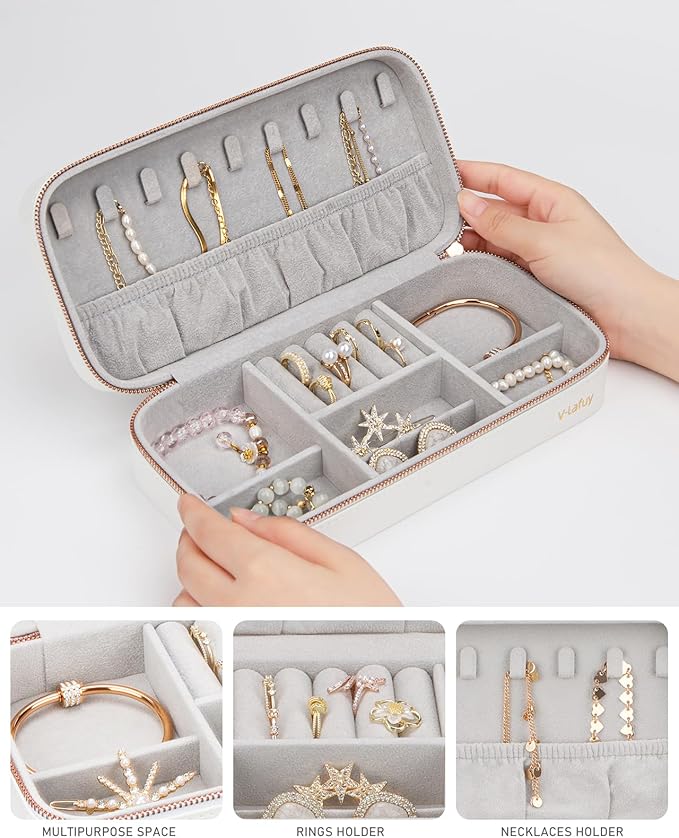 Jewelry Box Small Jewelry Boxes, PU Leather Portable Travel Jewelry Case, Large Capacity for Rings Earrings Necklaces Bracelets Watch, White C-NeatNest