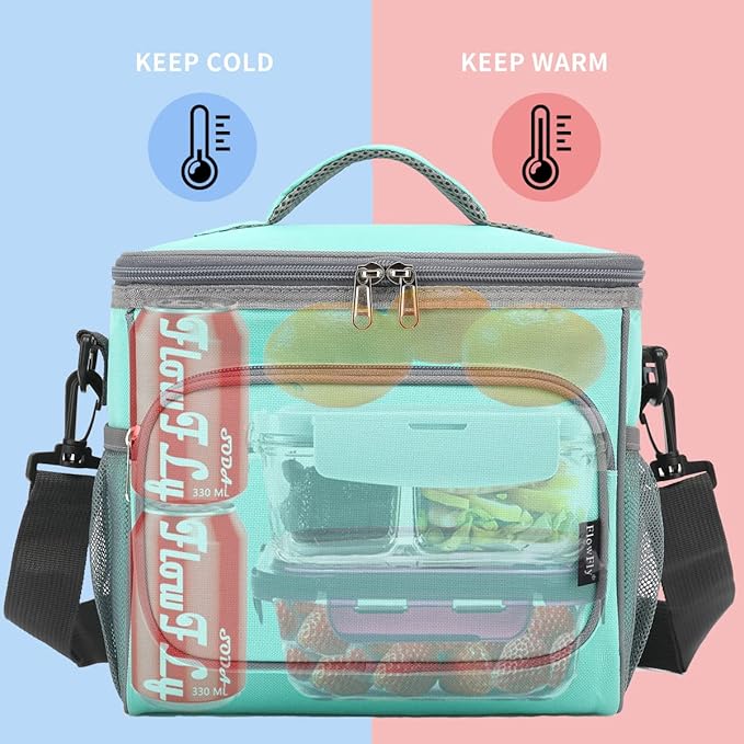 FlowFly Insulated Reusable Lunch Bag Adult Large Lunch Box for Women and Men with Adjustable Shoulder Strap,Front Zipper Pocket and Dual Large Mesh Side Pockets,Jade-NeatNest