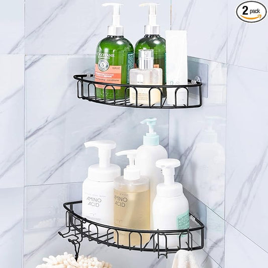 Orimade Corner Shower Caddy Stainless Steel with Hooks Wall Mounted Bathroom Shelf Storage Organizer Adhesive No Drilling 2 Pack, Black Only for 90-Degree Corner