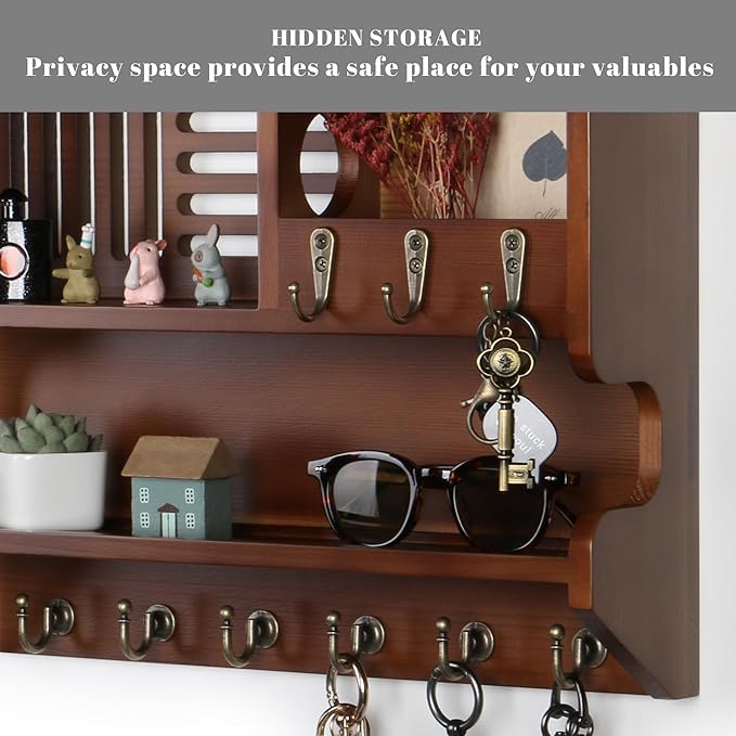 Key Holder for Wall, Mail and Key Holder for Home Decor, Key and Mail Holder for Wall with Key Hooks, Walnut