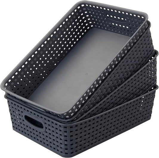 4 Packs Plastic Storage Basket Tray, Shallow Paper Basket, Gray-NeatNest