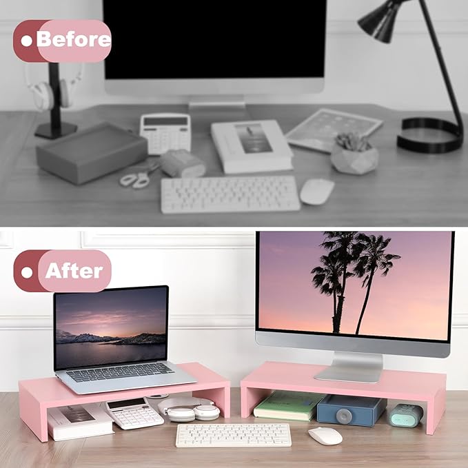 TEAMIX Pink Monitor Riser-20L inch, Wood Monitor Stand for Desk, Sturdy TV/Screen/PC/Printer/Laptop Riser,Computer Shelf with Storage TV Holder for Home Office (Pink, 20 inch)-NeatNest