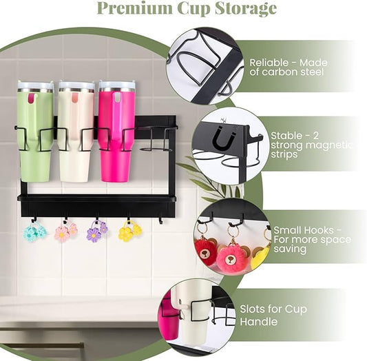 CINPIUK Water Bottle Organizer Holder, Magnetic Cup Rack Storage for Stanley & Large Tumbler, Space Saving Wall Mount Bottle Organizer with 5 Hook, Easy to Install, Black-NeatNest