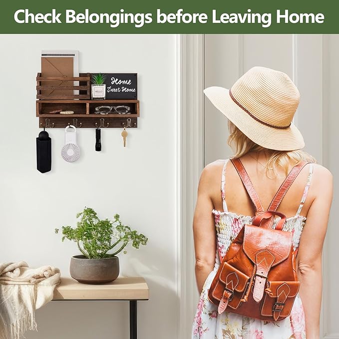 Key Holder for Wall, Wall Mounted Mail Holder Wooden with Shelf & 3 Liquid Chalks & Chalkboard, Mail Sorter Organizer, Rustic Home Decor - Entryway Living Room (15.98”W x 9.1”H x 3.3”D), Brown