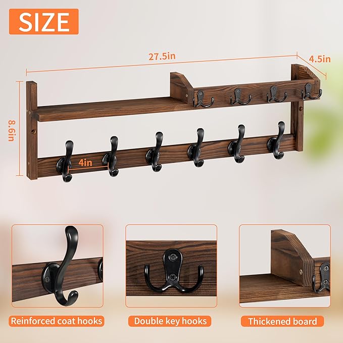 Coat Rack Wall Mount with Shelf, 27.5" Entryway Wall Hanging Shelf, Coat and Key Hanger with 10 Dual Hooks, Mail Organizer and Key Holder Hat Rack for Wall, Wood Coat Hooks with Storage-NeatNest