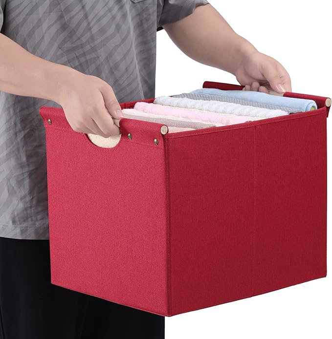 HOONEX Large Collapsible Storage Bins, Linen Fabric, Pack of 2, Storage Baskets with Wooden Carry Handles and Sturdy Heavy Cardboard, for Home, Office, Car, Nursery, Red