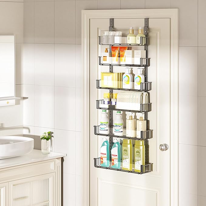 Delamu Adjustable Over the Door Pantry Organizer with Clear Acrylic Panel, 6-Tier Pantry Organization and Storage for Kitchen, Hanging Spice Rack Seasoning Shelves for Cabinet, Easy Install, Black-NeatNest