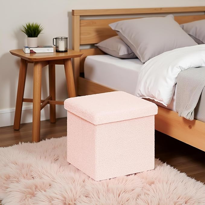 Folding Storage Ottoman Cube - Small Footrest with Sherpa Top, Multi-Functional Storage for Bedroom, Living Room-Pink
