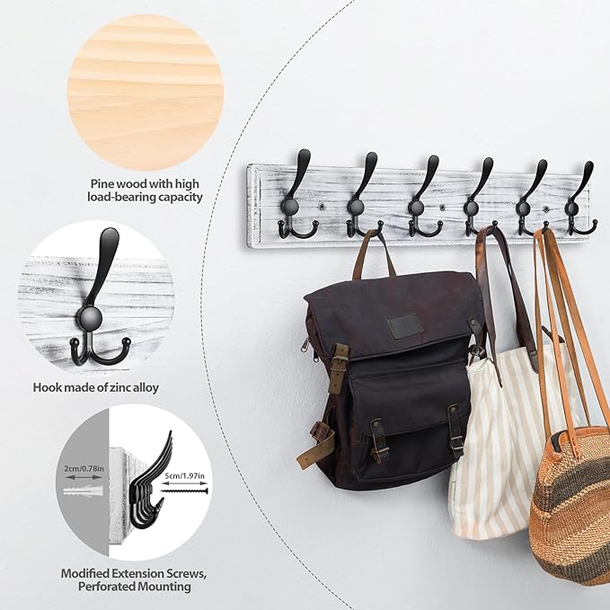 Coat Rack Wall Mount, Wooden Heavy Duty Coat Rack for Wall,6 Triple Coat Hanger Hooks for Hanging Coats,Jacket,Hat,Clothes (Grey White, 6 Hooks)-NeatNest