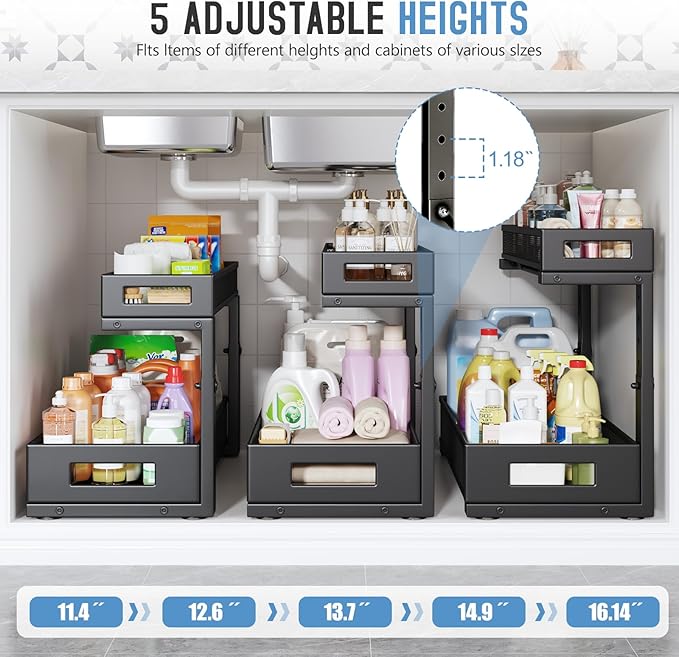 1 Pack 19IN Depth Under Sink Storage Organizer, Large 2-Tier Elegant Mesh Pull Out Shelf for Kitchen and Bathroom Cabinet Organization, L-Shaped and Adjustable Height Design-Black-NeatNest