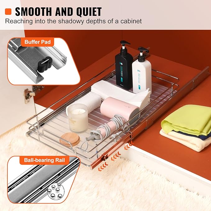 VEVOR 12.5"Wx16.5"Dx3.5"H Pull Out Cabinet Organizer, Heavy Duty Slide Out Pantry Shelves, Chrome-Plated Steel Roll Out Drawers Storage, for Home, Under Sink, 14"Wx17.5"Dx7"H Install Size for Cabinet-NeatNest