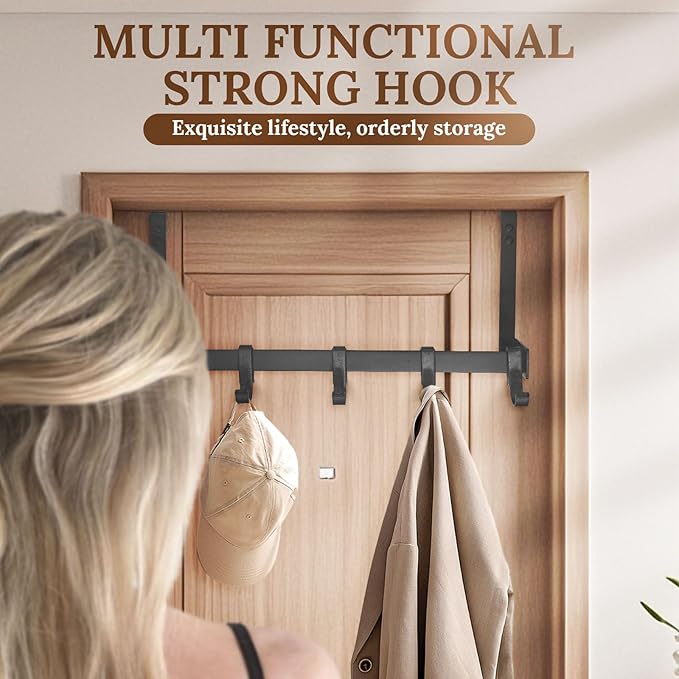 18" Over The Door Hook Rack with 5 Movable Hooks, Soft Iron Finish, for Bedroom, Bathroom, Walk-in Closet, Laundry Room and More - Black-NeatNest