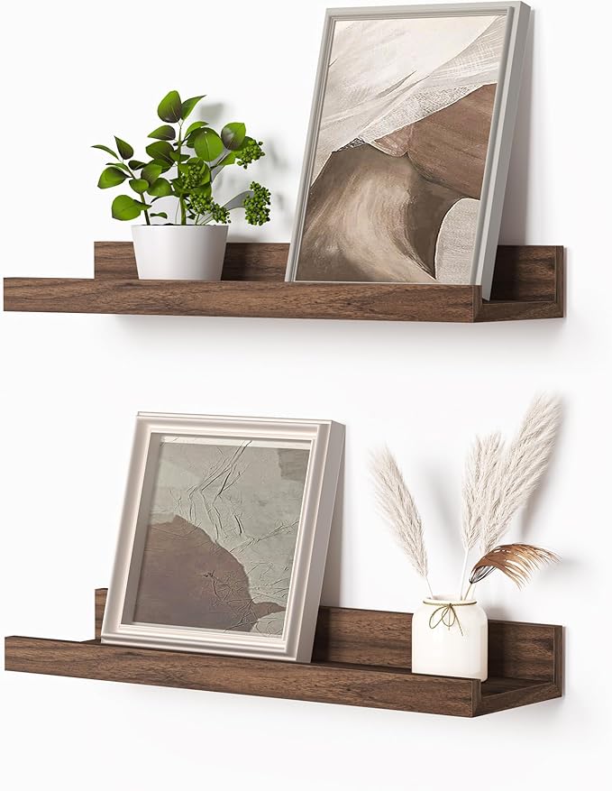 Heimlove Picture Ledge Shelf, Small Floating Shelves Set of 2, 16 Inches Picture Shelf for Wall with Ledge, Kids Bookshelf Wall Mounted for Living Room Bedroom Decor Books Photo Frames, Walnut-NeatNest