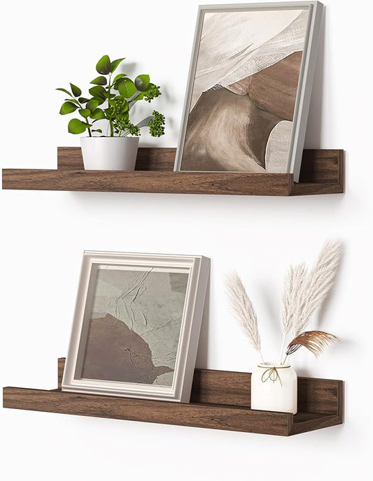 Heimlove Picture Ledge Shelf, Small Floating Shelves Set of 2, 16 Inches Picture Shelf for Wall with Ledge, Kids Bookshelf Wall Mounted for Living Room Bedroom Decor Books Photo Frames, Walnut-NeatNest