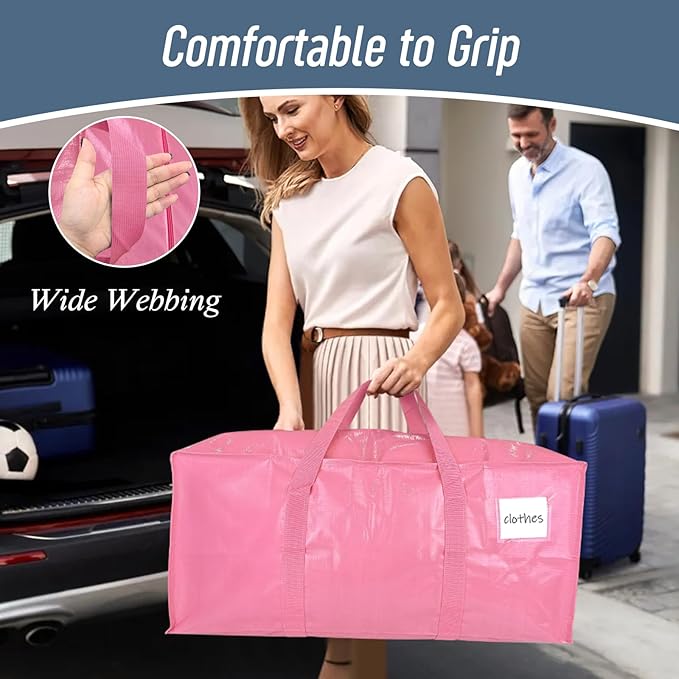 12 Pack Extra Heavy Duty Large Moving Bags with Strong Zipper & Comfortable Handles, Sturdy & Durable Clothes Storage Bags Totes Bins, Packing Moving Boxes for College Supplies, Pink-NeatNest