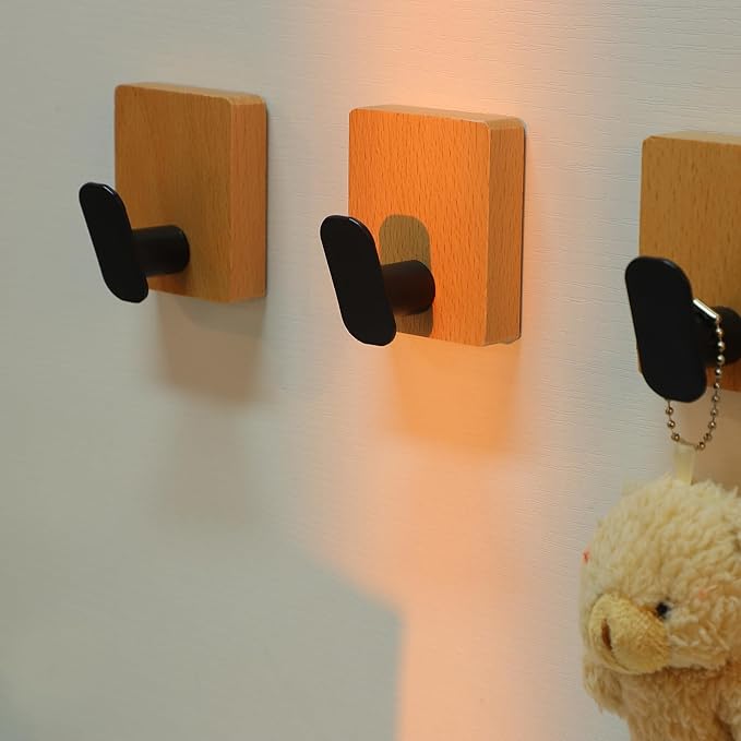 DELITON Towel Hooks Wall Mounted - Adhesive Bathroom Coat Hooks for Hanging Robes Clothes Light Brown, Black Solid Wood Beech Wall Hook 4 Packs-NeatNest