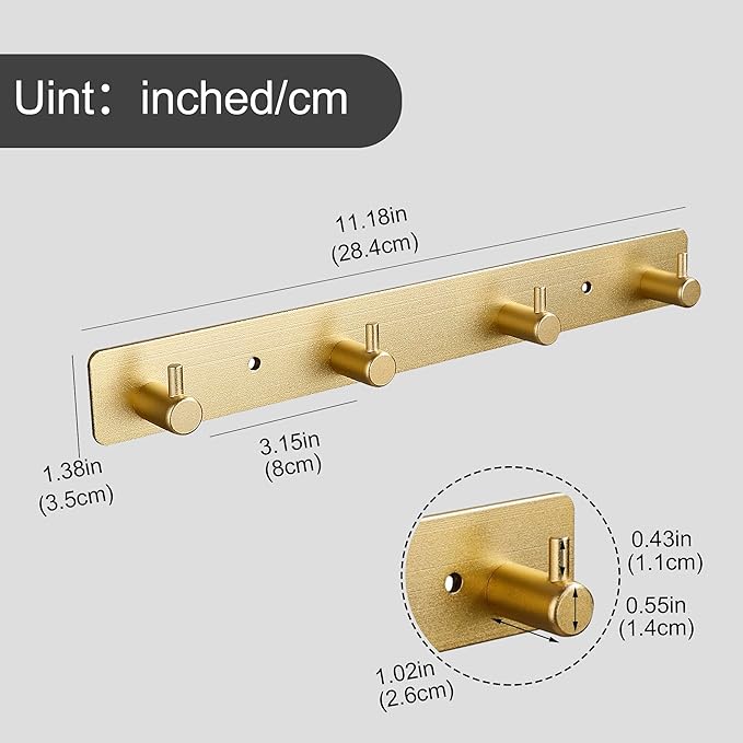 Gold 4 Wall Hooks, Brushed Gold Bathroom Hook Rail, Self Adhesive Key Hook Rack Hanger Towel Robe Stick Hooks for Toilet Entryway Hallway Kitchen Wall Mounted