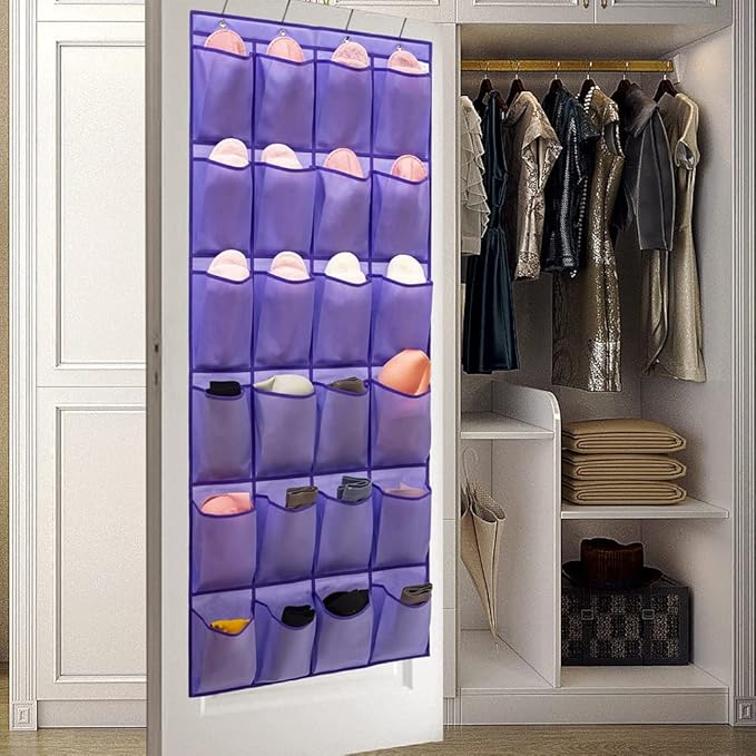 Over The Door Hanging Shoe Organizer Shoe Rack Hanger 24 Large Fabric Pockets Holder with 4 Sturdy Hooks (PURPLE)-NeatNest
