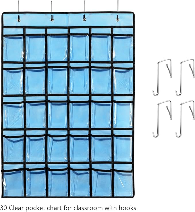 KEEPJOY Classroom Pocket Chart for Cellphone Calculator Holder, 30 Clear Pocket Charts for Classroom 33.5 x 24.5 inch Hanging cell phone Organizer Storage (Blue-30 pockets)-NeatNest