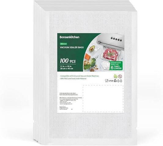 Bonsenkitchen Precut Vacuum Sealer Bags, 100 Gallon 11" x 16" Food Sealer Bags, Food Grade, BPA Free, Heavy Duty, Customized Vacuum Bags for Vac Storage, Meal Prep or Sous Vide Cooking, VB3214-NeatNest