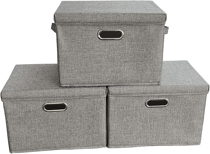 3 Pack Large Linen Collapsible Closet Organizers and Storage Bins with Removable Lids Storage Boxes for Organizing Clothing,Sheets,Toys,Shelves Basket Cube Storage Bin with Handles-NeatNest