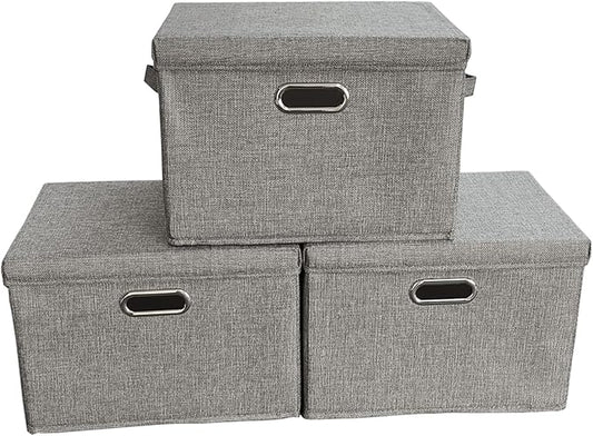3 Pack Large Linen Collapsible Closet Organizers and Storage Bins with Removable Lids Storage Boxes for Organizing Clothing,Sheets,Toys,Shelves Basket Cube Storage Bin with Handles-NeatNest