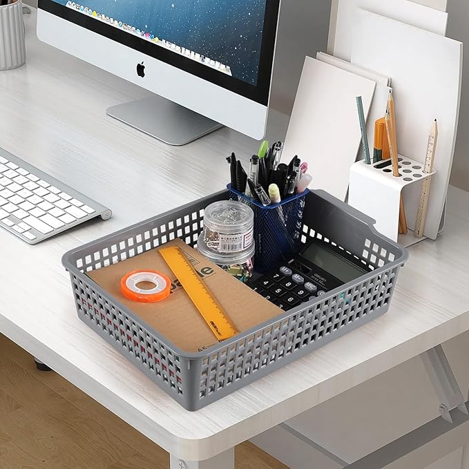 6 Packs Plastic Storage Baskets, Paper Organizer Baskets, Shallow Storage Basket Trays, Grey-NeatNest