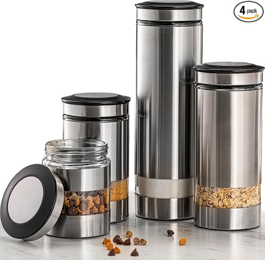 Le'raze Airtight Food Storage Container for Kitchen Counter with Window, [Set of 4] Canister Set Ideal for Flour Tea, Sugar, Coffee, Candy, Cookie Jar