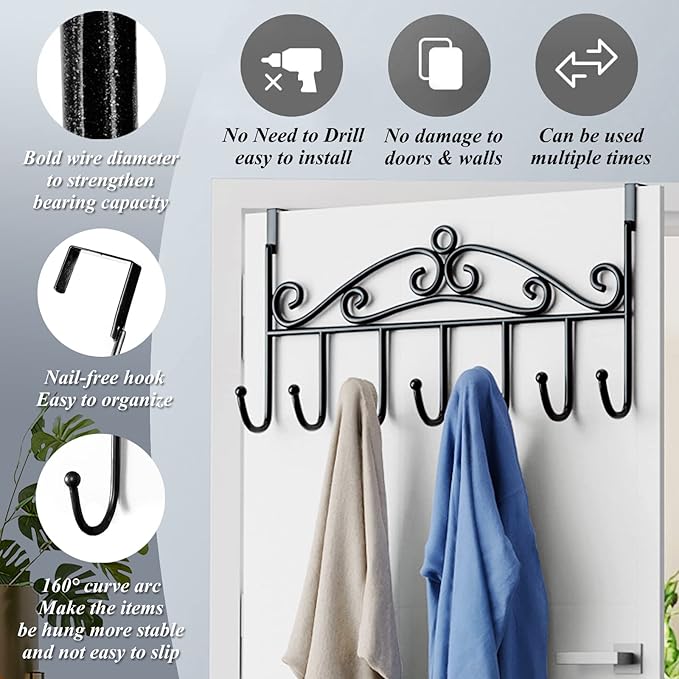 Over The Door Hook - Towel Rack & Coat Rack Hanger, Behind Bathroom Door, 2 Pieces 7 Hooks (Black)