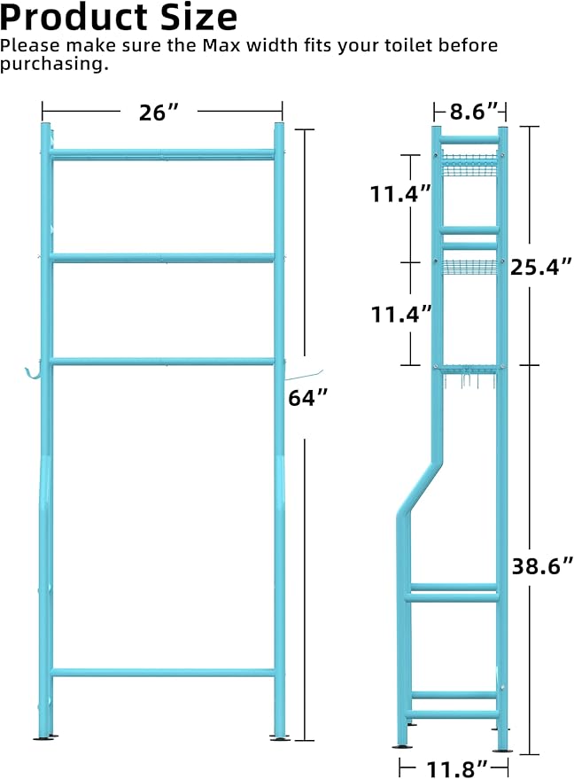3-Tier Over The Toilet Storage, Freestanding Metal Bathroom Shelves with 4 Hooks, Over Toilet Storage Shelf with Paper Holder, Above The Toilet Shelf for Bathroom Storage, Blue-NeatNest