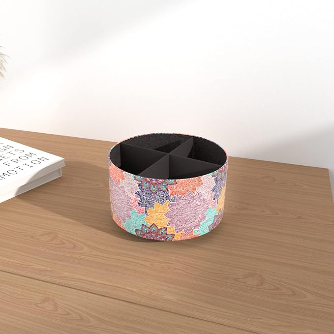 Hennaja Round Leather Art Supply Organizer,Remote Control Holder,360 Degree Rotating,Multi-Functional Pencil Holder,4 Compartments Desktop Stationary Organizer(1-Colorful Flower)-NeatNest