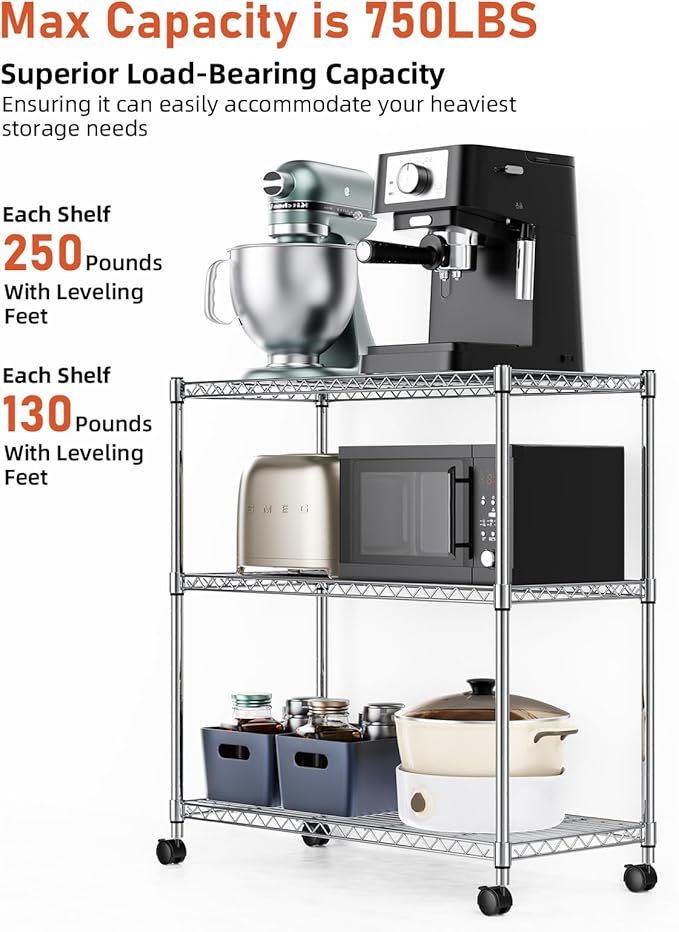 HealSmart 3-Tier Heavy Duty Storage Shelves 750Lb Capacity, 24.02" D x 13.78" W x 29.92" H Adjustable Shelving Unit with Wheels, Chrome-NeatNest